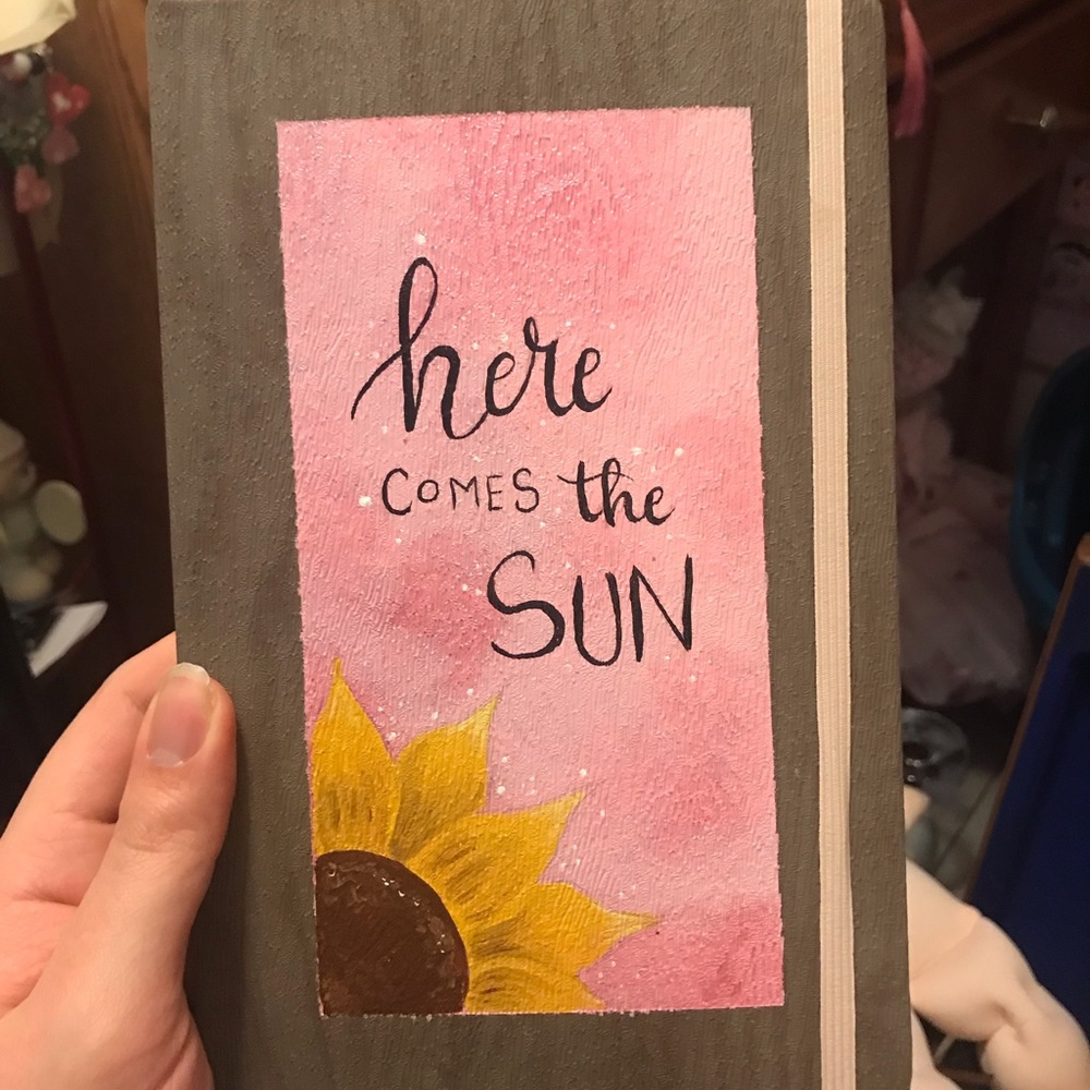 Hand-Painted 'Here Comes the Sun' Sunflower Notebook - Pink & Yellow